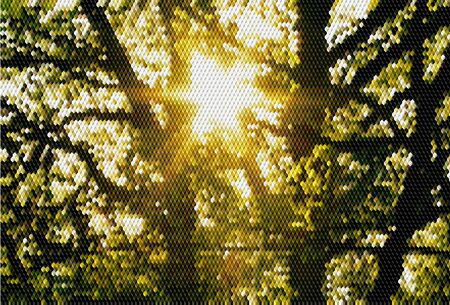 Natural relief mosaic background of cubes with trees and sunlightのイラスト素材
