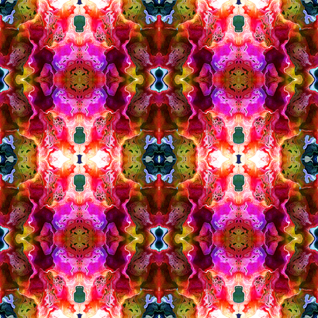 Abstract seamless pattern with pink, red and green layered stylized exotic flowersの写真素材