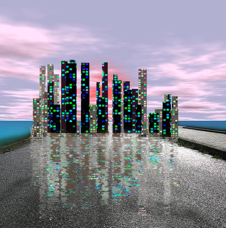 Landscape with modern city, road and seaの写真素材