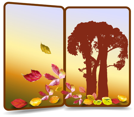 Autumn banner in the shape of door with silhouette of trees and colorful leavesのイラスト素材