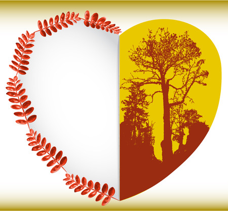 Greeting card with autumn leaves, heart and silhouettes of treesのイラスト素材