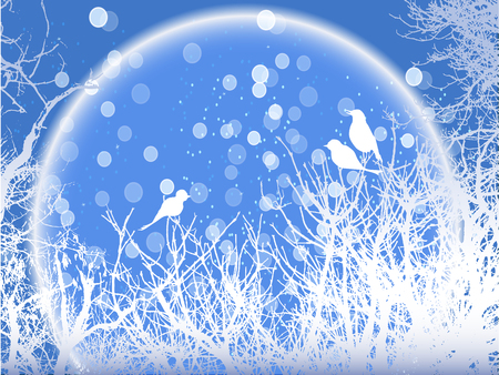 Background of snowy winter trees with birds and snowflakesのイラスト素材