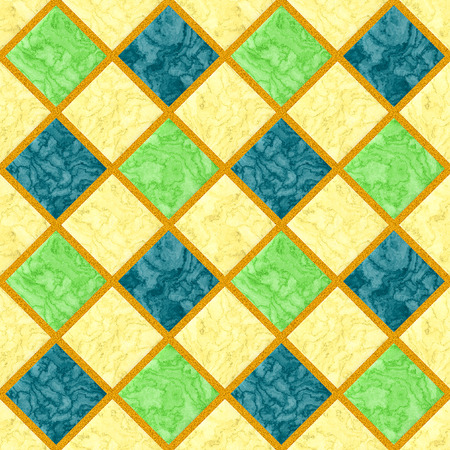 Abstract seamless marbled floor pattern of green, yellow and blue squares with orange grainy frameの写真素材