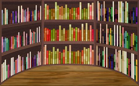 Semicircular library with book shelves and wooden floorの写真素材