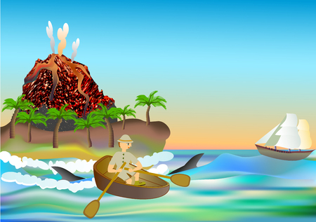 Holiday adventure on a tropical island with a volcano, sea and sharksのイラスト素材