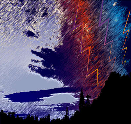 Silhouette of dark landscape with trees, storm clouds and lightningのイラスト素材