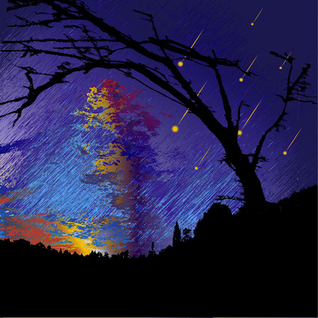 Dark night landscape with silhouettes of trees, clouds and falling meteoritesのイラスト素材
