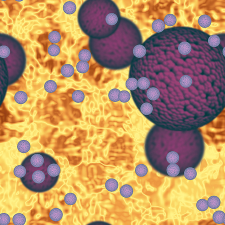 Organic background with purple blood cells and viruses infecting organismsの写真素材