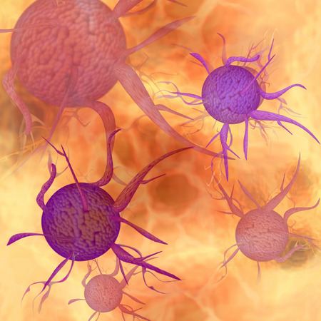 Organic background with blood cells, purple and pink viruses infecting organismsの写真素材