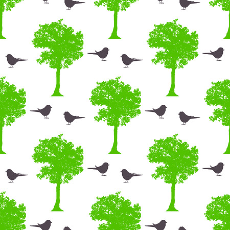 Seamless spring pattern with maple trees and birdsのイラスト素材