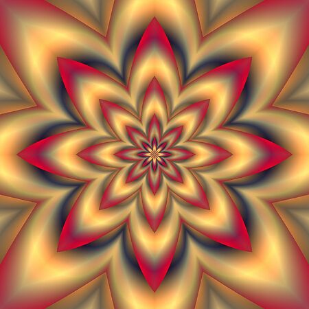 Abstract psychedelic background with gold flower and red raysの写真素材