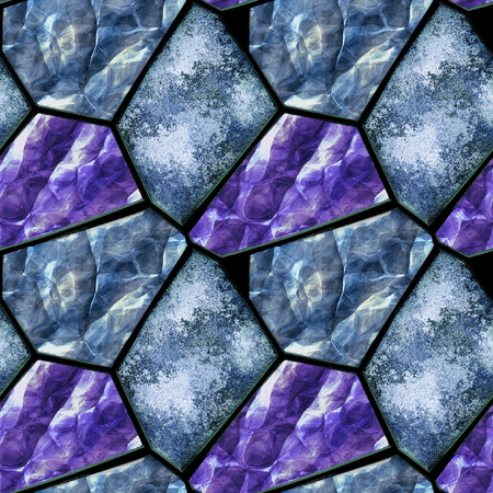 Abstract seamless pattern of layered stones and blue and purple crystalsの写真素材