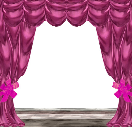 Velvet folded pink and purple curtains with ribbons and wooden floorの写真素材