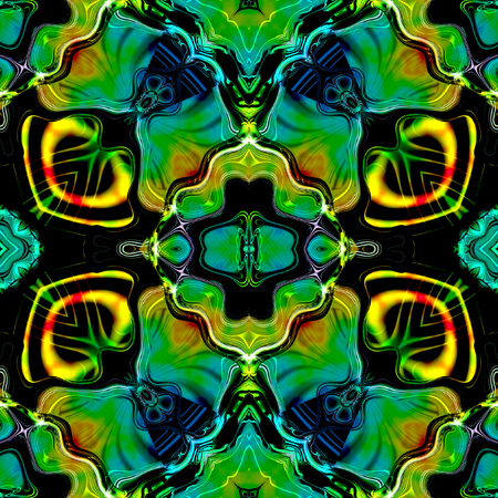 Abstract seamless green and gold pattern with stylized butterflies. Green, yellow and red abstract pattern of gradients and blurred linesの写真素材