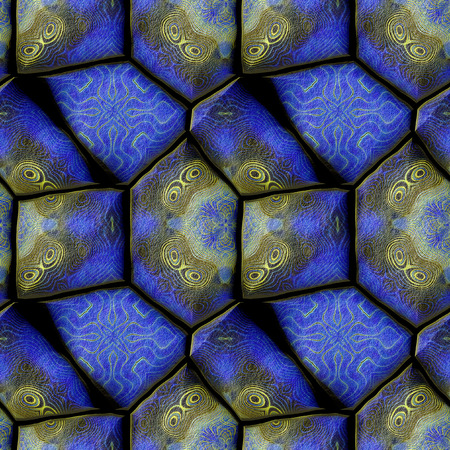 Seamless stone pavement pattern with ornaments. Blue and gold abstract Kaleidoscopic pattern of grained stones and glowing linesの写真素材