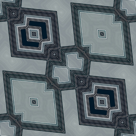 Abstract seamless technology black, white and gray pattern of lines and beveled squares. Geometric seamless pattern of contour lines and symmetrical shapesの写真素材