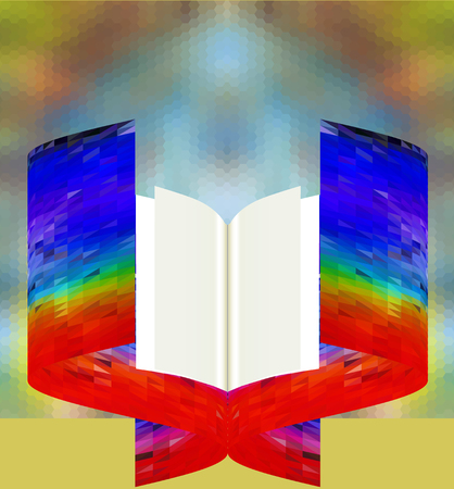 Abstract hexagonal background with symmetrical polygonal object and open book. Blue, green and red abstract object of triangles with blank papersのイラスト素材