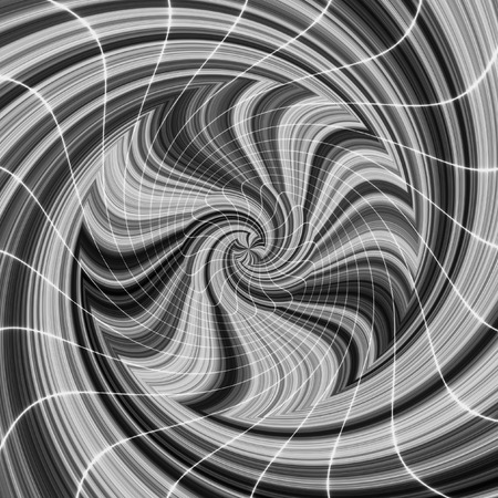 Abstract swirling background with white rays converging to one point. Black and white wavy pattern with concentric spiralsの写真素材