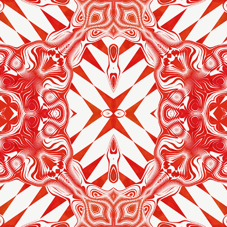 Abstract seamless red wavy pattern with intertwined shapes. Retro pattern with triangles and ornaments on a white backgroundの写真素材