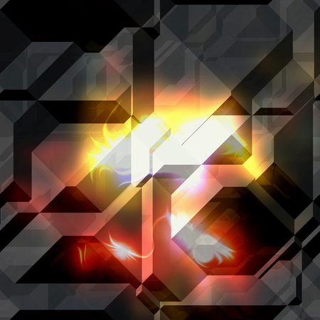 Abstract dark background of blocks and prisms with stylized flames. Dark brown background with red, yellow and white flamesの写真素材