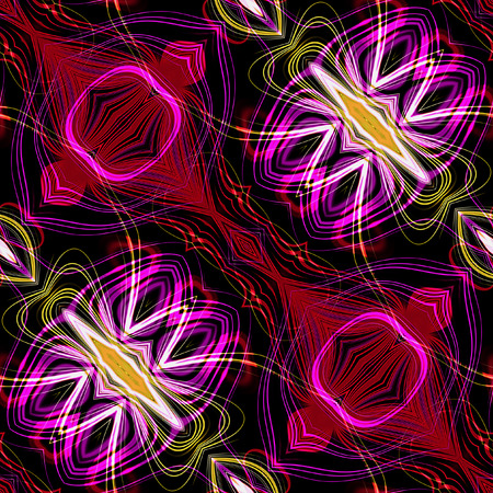 Abstract seamless red, pink and yellow pattern with glowing lines and sparkles. Magic abstract pattern of intersecting rays resembling fireworksの写真素材