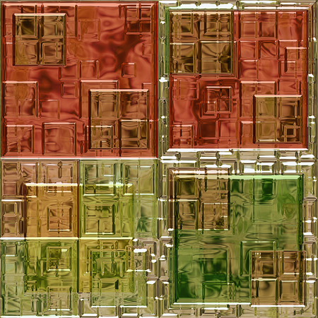 Abstract mosaic background of stained glass squares. Red, green, brown and gold pattern with mosaic tilesの写真素材