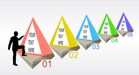 Infographics step by step template with pyramidal objects and silhouette of manager. Five simple triangular diagrams with text and numbers and silhouetter of a manのイラスト素材