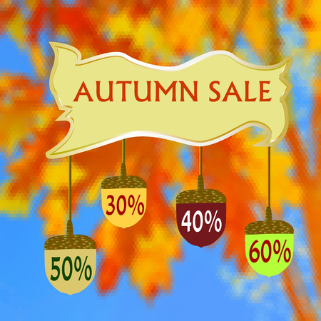 Banner with autumn sale and acorns on a hexagonal background of leaves. Red, yellow, orange and blue background of oak leaves, acorns and textのイラスト素材