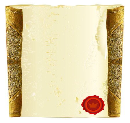 Vintage grunge cracked parchment with red signet. Scroll of old blank paper with cracks and glittering handlesのイラスト素材
