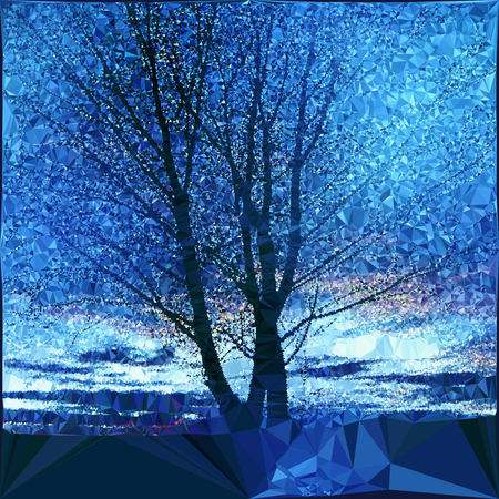 Nostalgic winter landscape with bare tree. Polygonal blue and white landscape with sky and silhouette of treeのイラスト素材