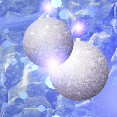 Christmas background with silver balls and stars. Ice texture with sparkles, two glittering silver balls and bokeh effectの写真素材