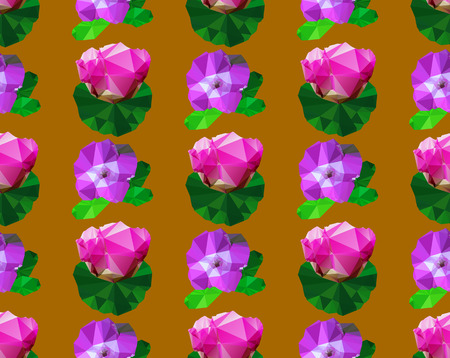 Seamless pattern of polygonal stylized flowers with leaves. Pink, purple and green seamless floral pattern on a brown backgroundのイラスト素材