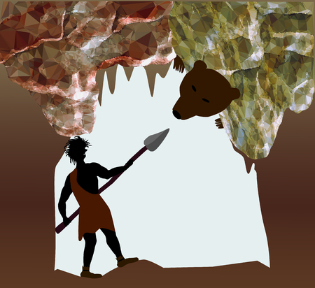 Silhouette of caveman fighting with a bear. Man with spear in a cave of crystals and stalactites. Fight with a cave bearのイラスト素材