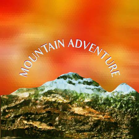 Mountain landscape with peaks covered with ice and red sky. Polygonal red and yellow background with mountains of crystalsのイラスト素材
