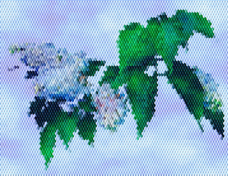 Flowering lilac on a background of blue sky. Mosaic background of cubes with lilac and green leavesのイラスト素材