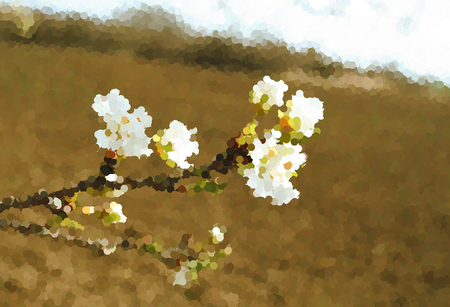 Spring landscape with field and blooming twig in the style of pointillism. Brown spring landscape with white flowering twigのイラスト素材
