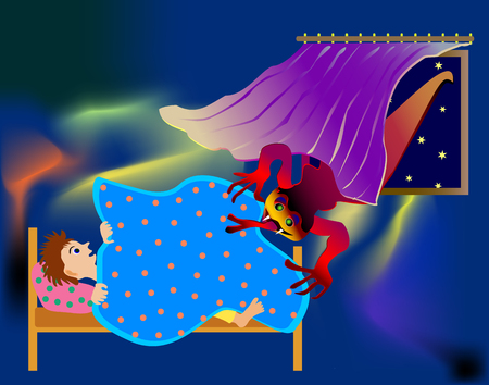 Night ghost haunts boy in the room. Creepy abstract nightmare Wakes sleeperのイラスト素材