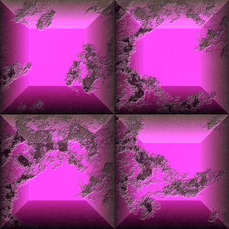 Abstract seamless relief pattern of pink and dark red scratched squares. 3d mosaic tiled pattern of weathered pink stonesの写真素材