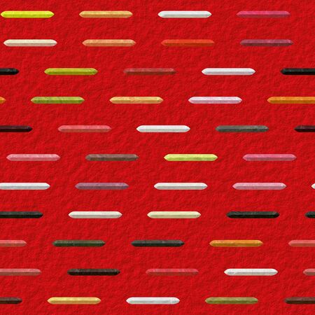 Abstract seamless pattern with white, brown, pink, green, red and black marbled bars. Red grained background with stripesの写真素材