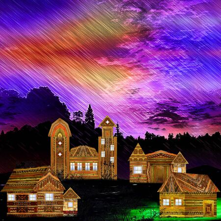 Landscape with carved wooden houses, church, dramatic sky and silhouettes of trees. Panoramic landscape with heavy rain, clouds and villageの写真素材