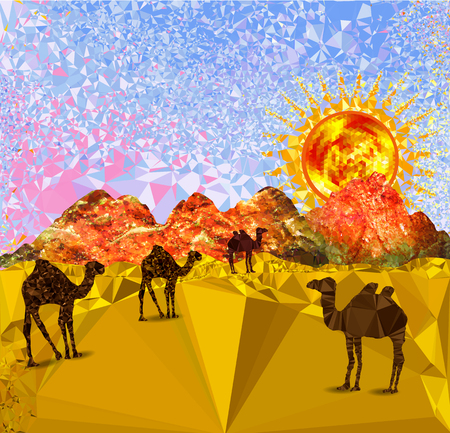 Landscape of triangles and polygons with desert, sand dunes and camels. Desert mountains with red, glowing sun and blue sky reminiscent of the cubist paintingのイラスト素材