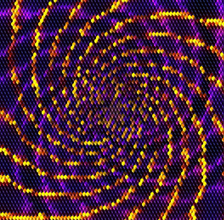 Abstract violet and purple mosaic background of cubes and gold rays. Gold, blue and violet intertwining pattern of concentric rays creating an illusion of movementのイラスト素材