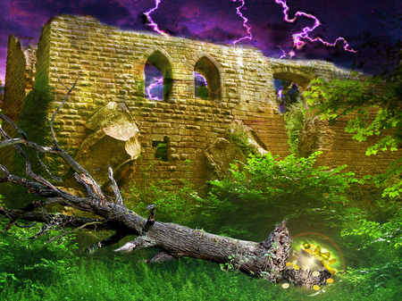 Mysterious golden treasure under toppled tree hidden in bushes next to ancient castle Revealed During a lightning storm. Landscape with castle ruins, dramatic sky with lightning and treeの写真素材