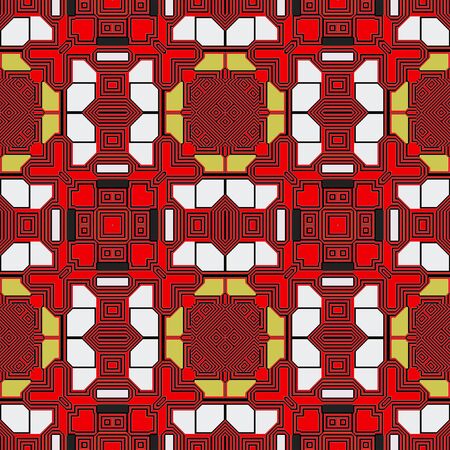 Abstract seamless retro pattern of stylized hearts and squares of contour lines. Red, white, black and yellow geometric pattern Kaleidoscopicの写真素材