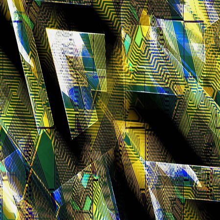 Abstract background of polygonal shapes intersecting with contour lines. Blue, gold, green, white and black futuristic glowing backgroundの写真素材