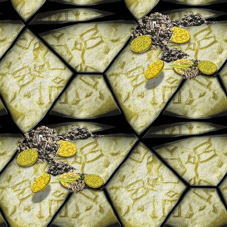 Seamless pattern of polygonal grained stones with runes and ancient gold coins. Pavement of stones with engraved charactersの写真素材