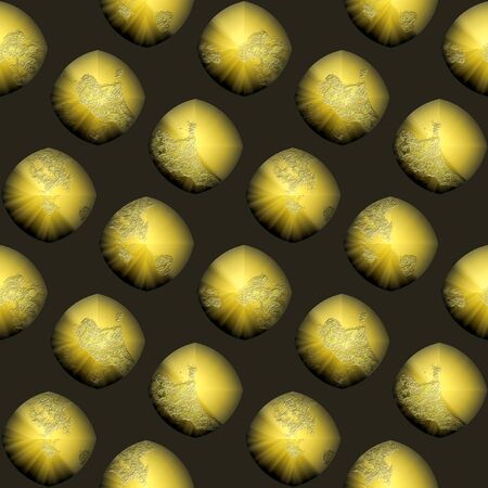 Abstract seamless pattern of 3d gold hemispheres. Mosaic tiled pattern of rounded metal objects on a black backgroundの写真素材