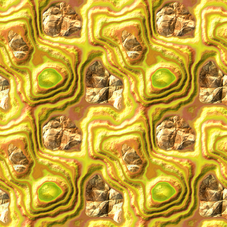 Abstract seamless 3D relief pattern of gold, orange and green layered polygonal stones and gemstones. Yellow and orange layered rock with crystalsの写真素材