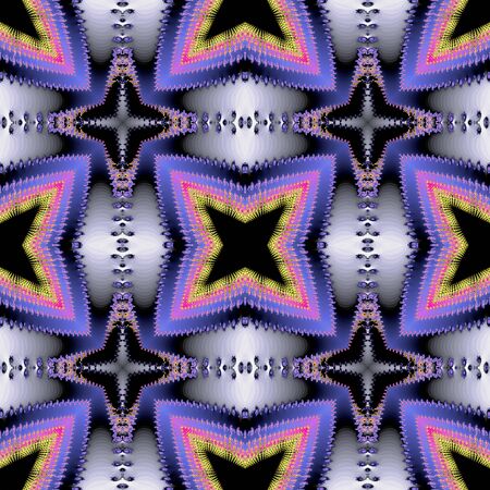 Abstract seamless 3d fractal pattern with stylized stars. Blue, pink, yellow, silver and black fractal backgroundの写真素材