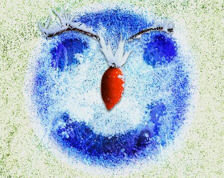 Frozen Abstract happy face with smile, red nose and eyes. Blue background of ice crystals and cheerful face with eyebrows of Twigsの写真素材